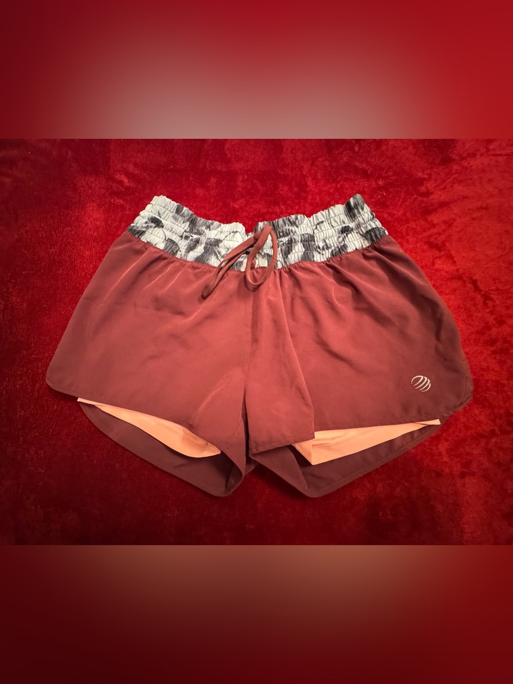 MPG Women's Rust Athletic Shorts with Heathered Waistband and Peach Liner